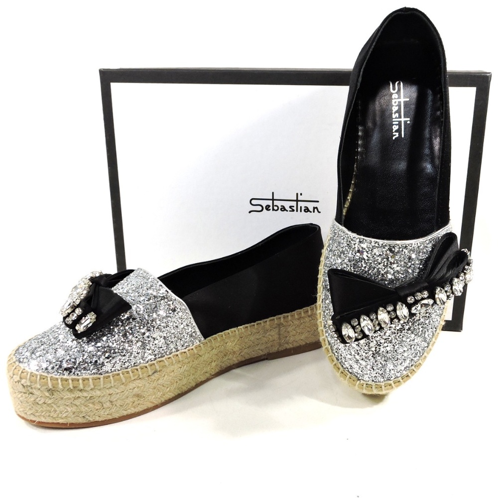 SEBASTIAN🇮🇹Women's Black Leather & Glitter Comfort Espadrilles Loafers 8 Size